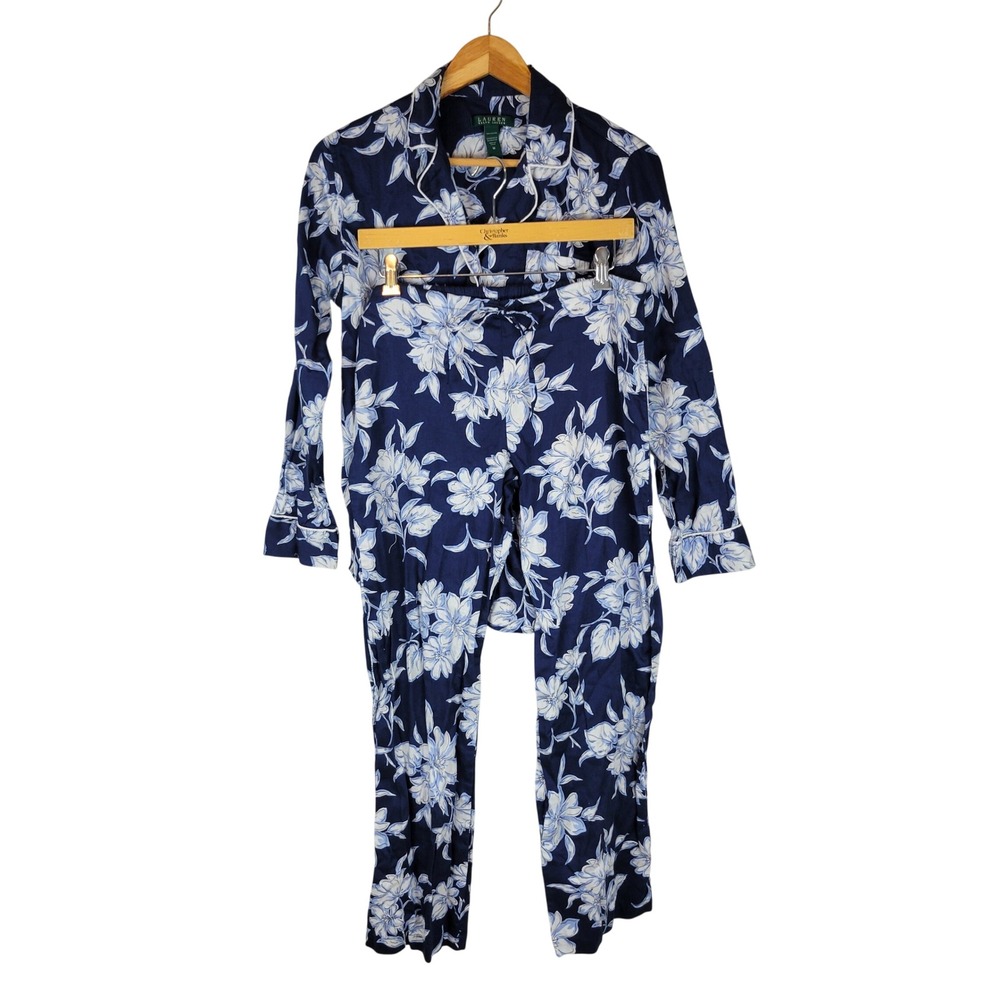 Lauren Ralph Lauren 100% Cotton Pajamas Set Blue Floral Size Medium